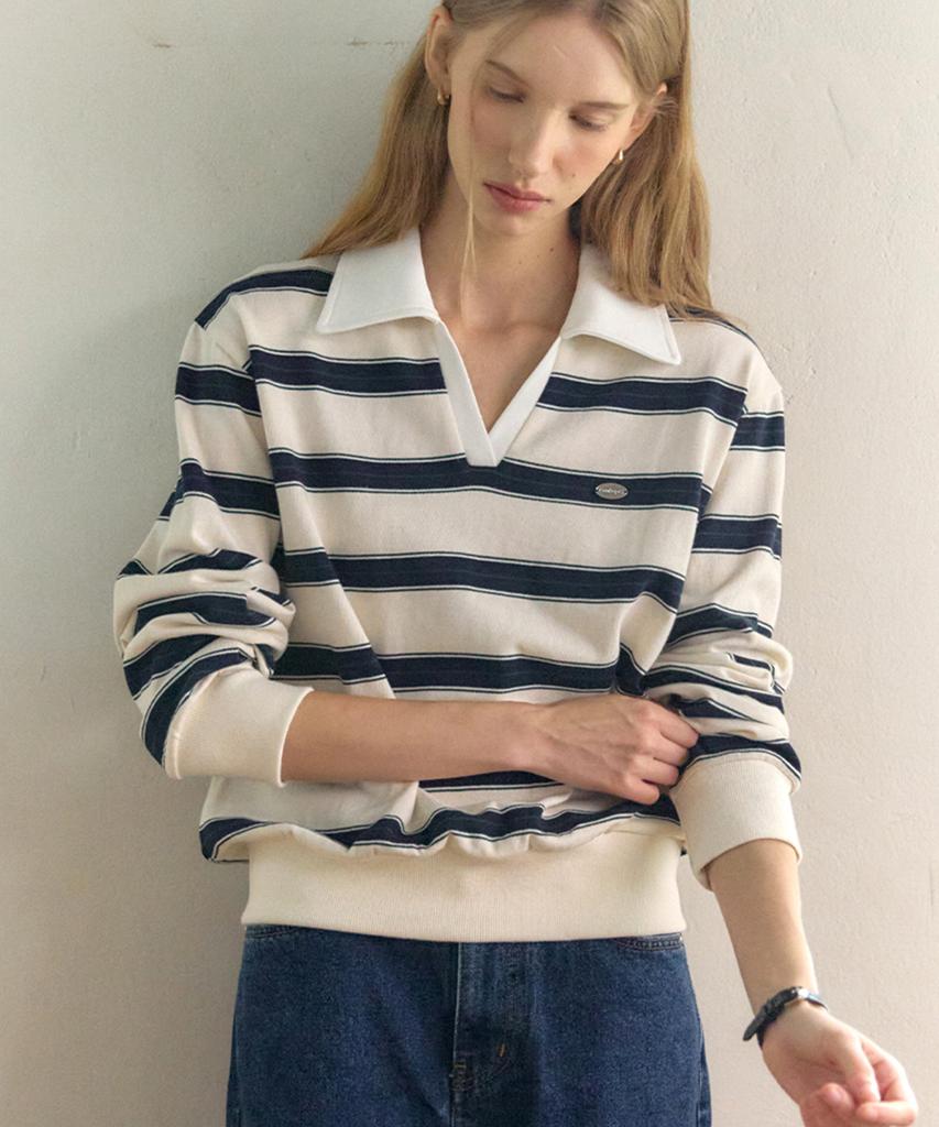 OURHOPE Striped Logo Collar Sweatshirt - White