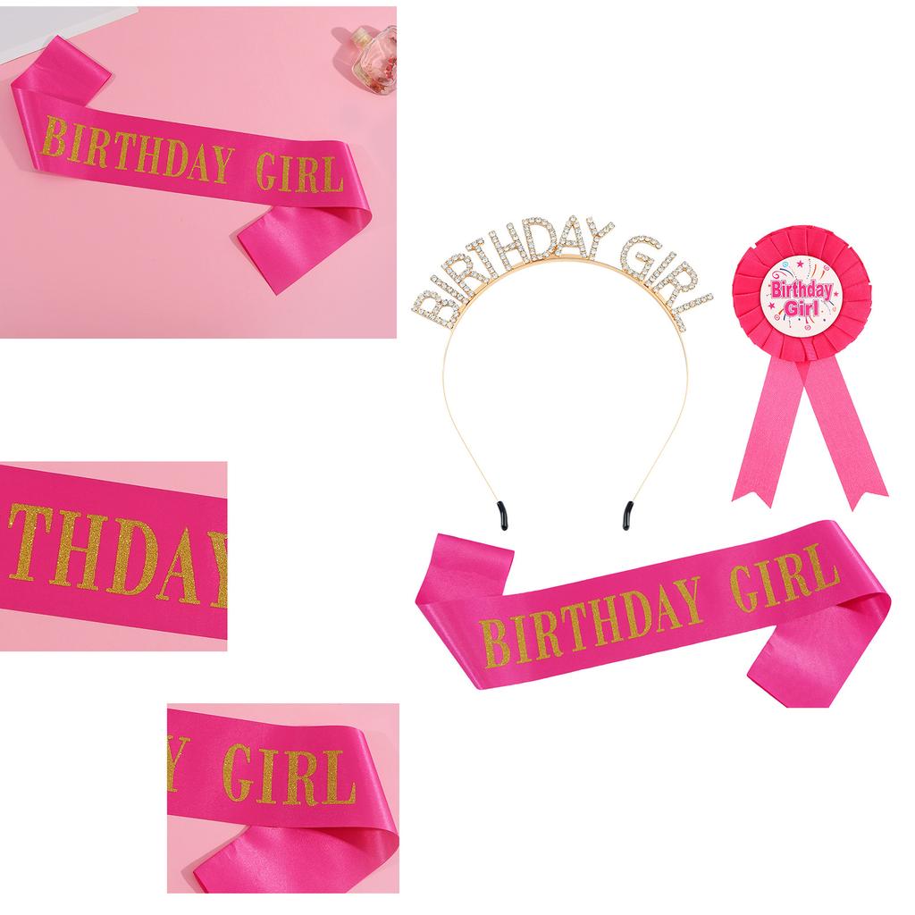 3Pcs Birthday Girl Accessories Set With Glittering Sash Rhinestones Headband Decorative Pin For Birthday Decoration