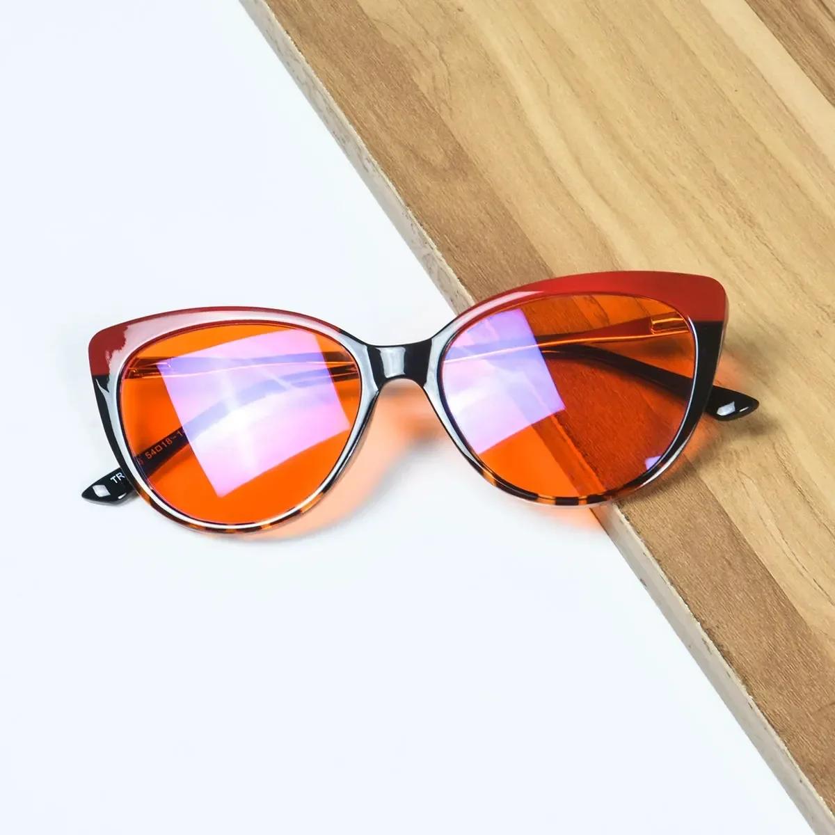 

SHINU Eyeglasses For Women Cat Eye TR90 Material Shaped Frame Anti Blue Light Eyeglasses Red Lens for Better Sleep Orange Lense for Long Time Game