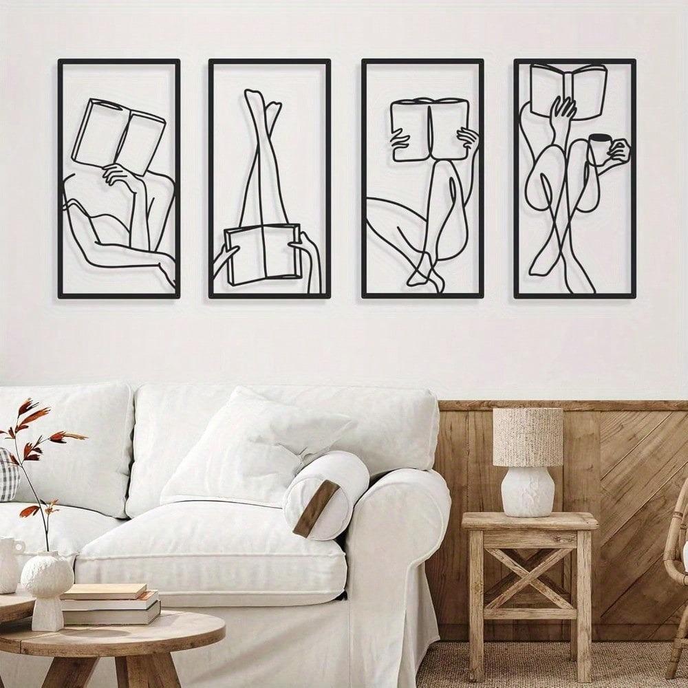 Art Deco Abstract Woman Line Metal Wall Art Set of 4 Modern Matte Black Minimalist Home Decor