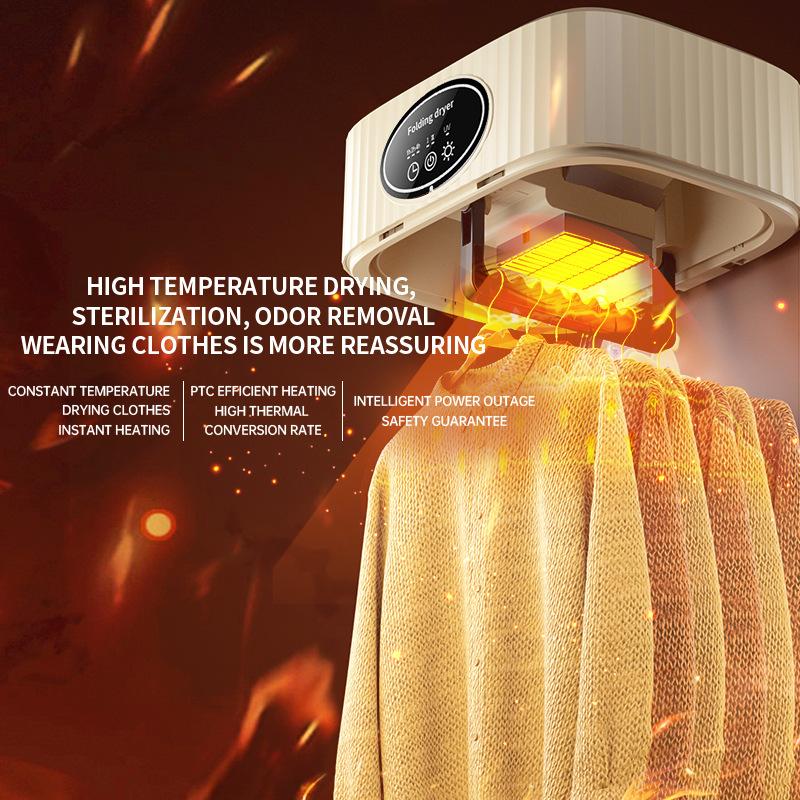 Portable electric clothes dryer featuring 360° hot air circulation, a timer function, and a foldable design.