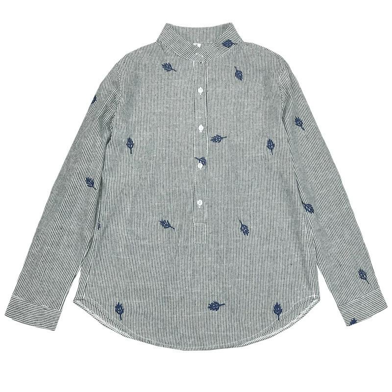 Damen Frühling Gestreift Colorblocking Langarm Literarisches Hemd Bestickt Bequem Stehkragen Unterteil Top
