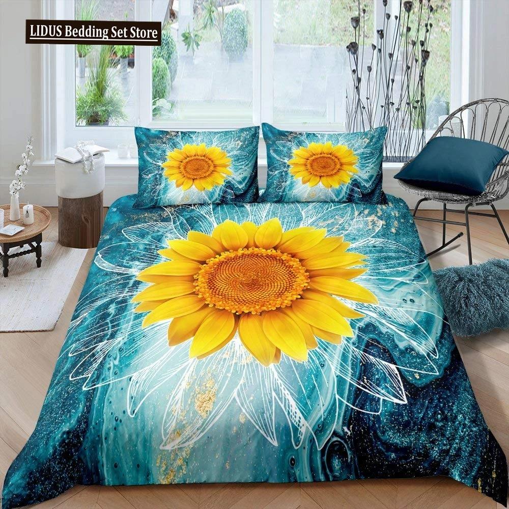 Vintage Sunflowers Duvet Cover Set Letters Bedding Set Letters And Sunflowers Printed Retro Girls Queen Size 23pcs Quilt Cover