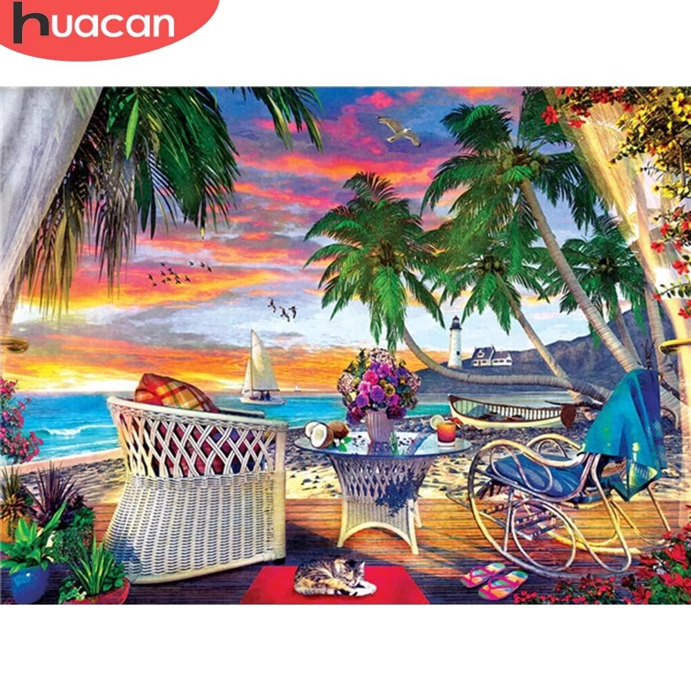 

Huacan 5D Алмазная мозаика Приморский пейзаж полная вышивка закат наборы алмазов для рисования украшение для дома