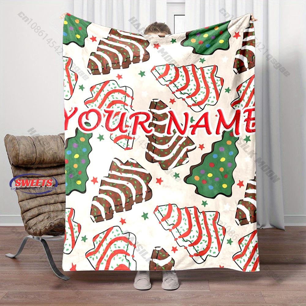 Custom Name Tree Cake Christmas Blanket Frosted Xmas Tree Cookie Pattern Flannel Sofa Throw Blanket