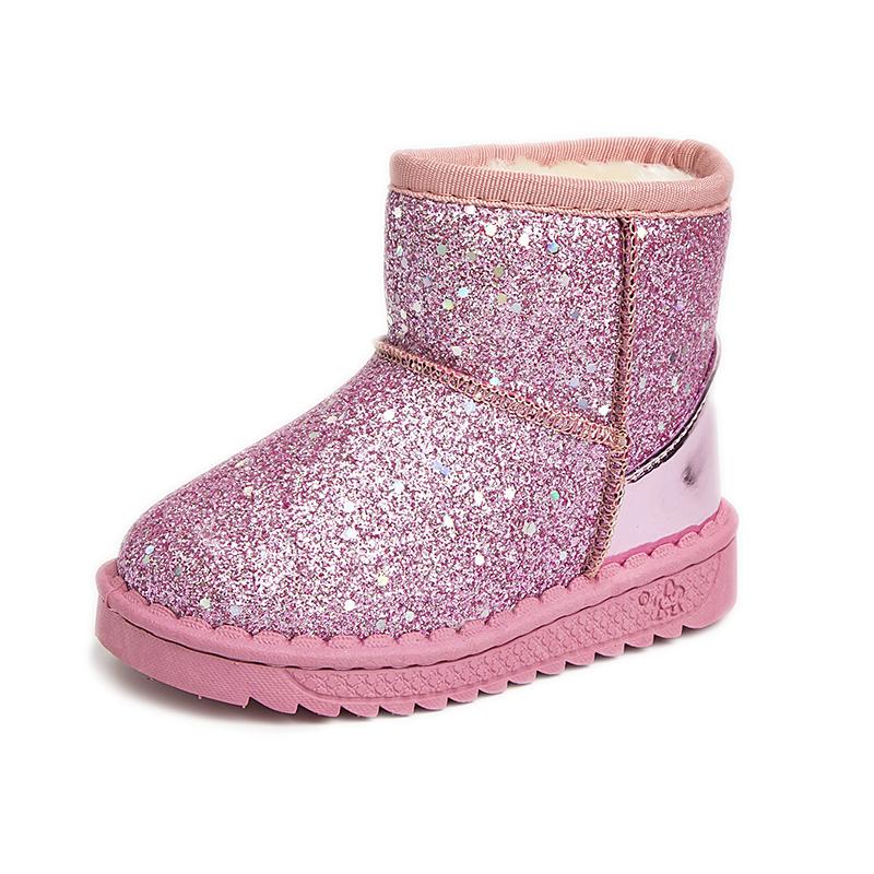 

Winter Girl s Snow Boots Sequins Three Colors Plush Kids Short Boot Warm Ankle-high Slip-on Chunky Children Shoes 25-36 26 розовый