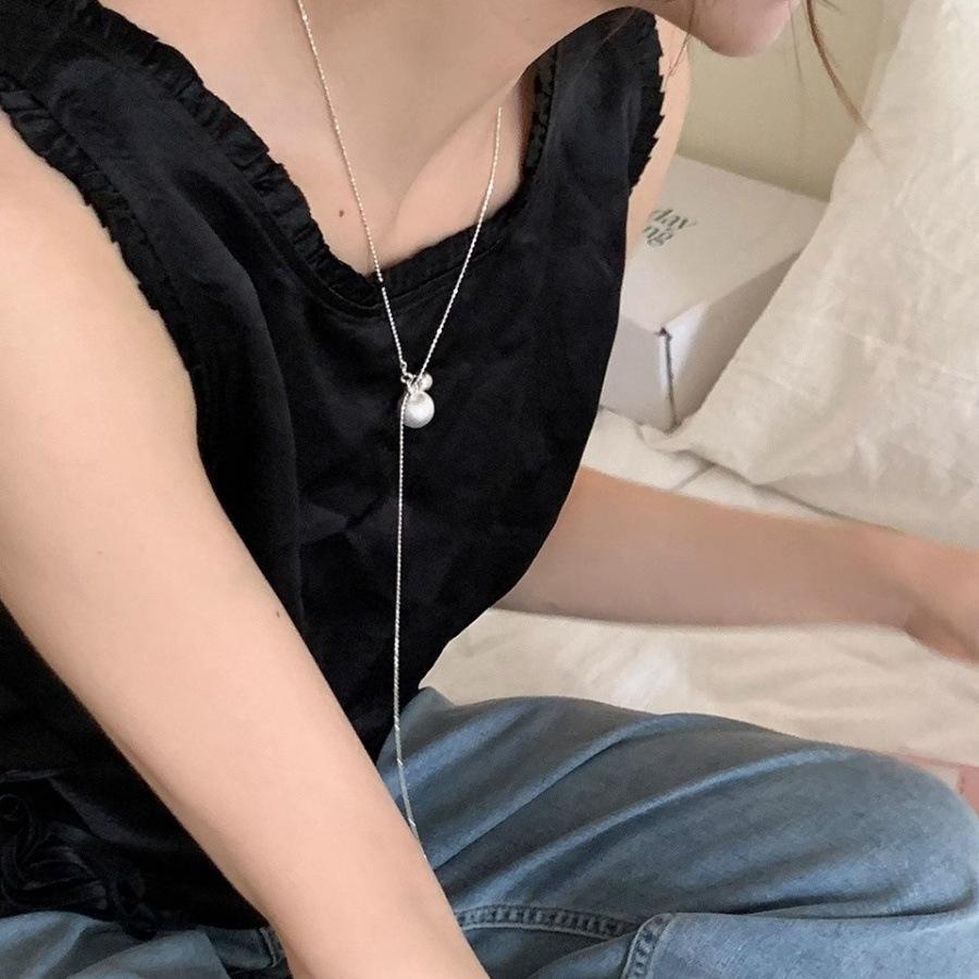 Minimalist wind brushed silver ball can pull necklace long niche design personalized versatile sweater chain neck chain