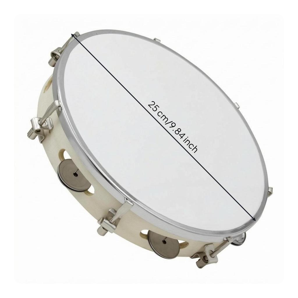 Wooden Tambourine White Drumhead with Metal Discs Handheld Hand Drum