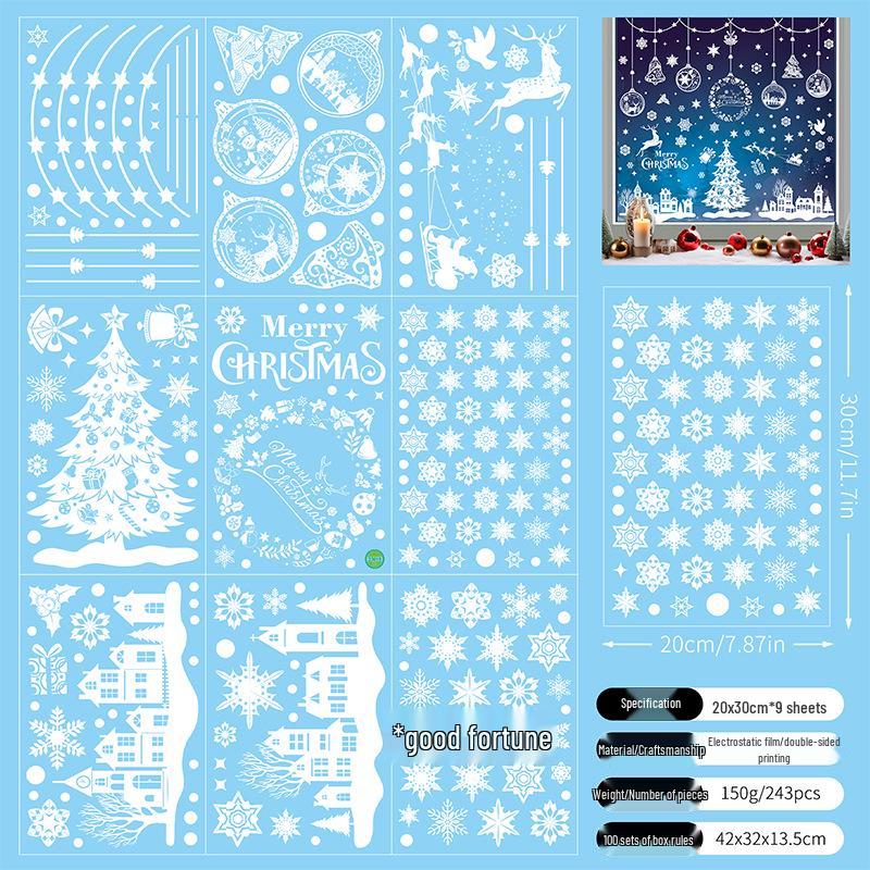 Christmas Snowflake and Reindeer Wall & Window Stickers - Static Santa Claus Decor for Refrigerator and Shops