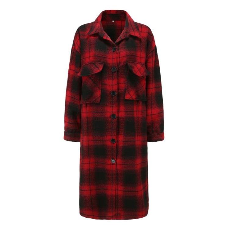 Extra Long Plaid Coat with Drop Sleeves and Pockets Ladies Casual Shirt Jacket