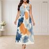 Women Plus Size Round Neck Triple Keyhole Cutout Sleeveless Abstract Floral Leaf Printed Long Dress