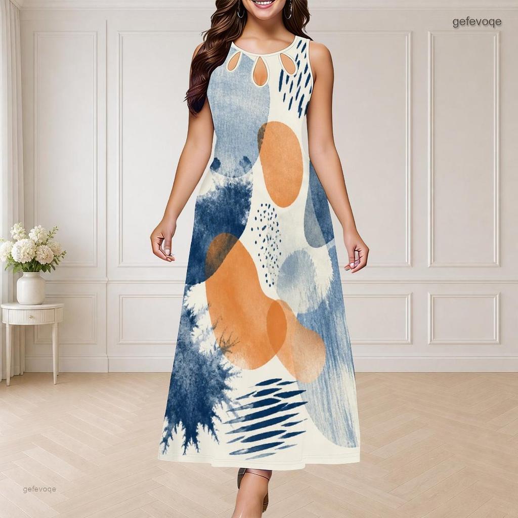 Women Plus Size Round Neck Triple Keyhole Cutout Sleeveless Abstract Floral Leaf Printed Long Dress