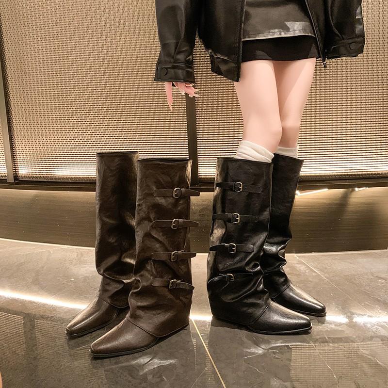 Belt Buckle~ Pants Boots Thick Heel Boots Long Boots Female European and American Babes High Boots Pointed Black Trousers Boots Fried Street