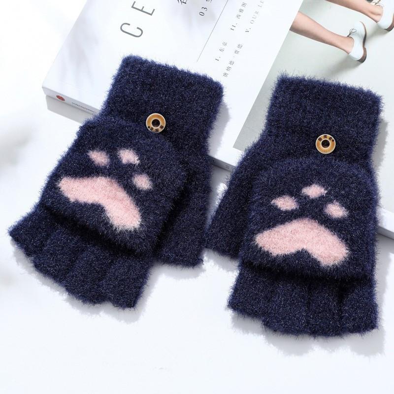 Thicken Women Warm Cat Gloves  Girls Cat Claw Paw Plush Mittens Soft Plush Short Fingerless Half Finger Winter Gloves