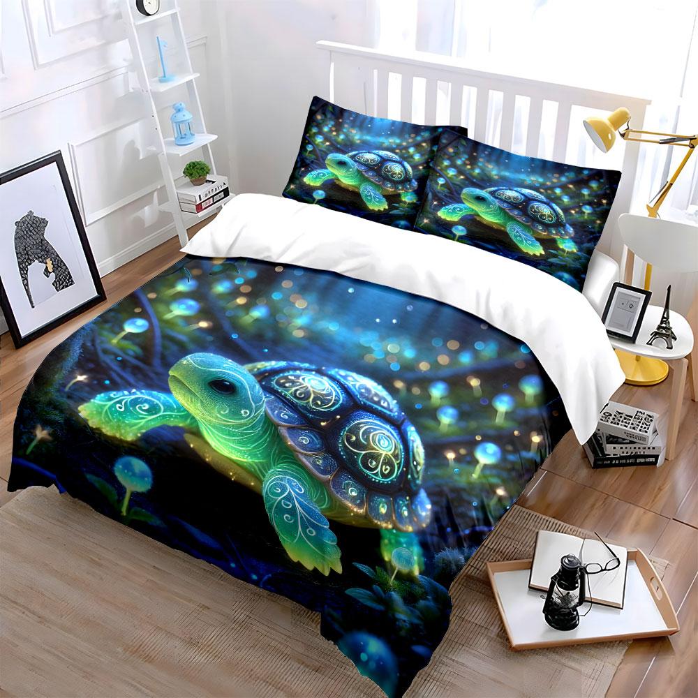Set Biancheria da Letto Stampa Foresta Magica Tartaruga Luminosa 1 Copripiumino 2 Federe Per Adulti e Bambini Regalo di Lusso Misura Matrimoniale