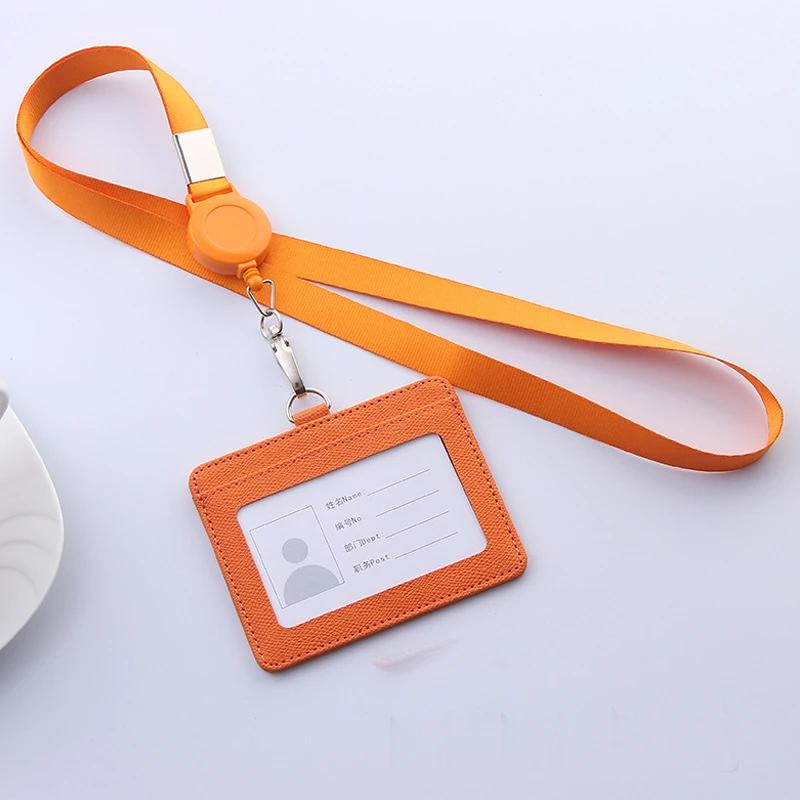 Retractable Lanyards ID Badge Holder Leather Bank Bus Pass Card Case Cover Men Women's Bank Credit Card Holder Strap Cardholder