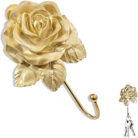 Gold Decorative Wall Hook Set Rose Flora Cute Hooks Vintage Brass Whimsical Flower Hooks for Towel Coat Hat Key Bag Scarf Robe Bathroom and Room