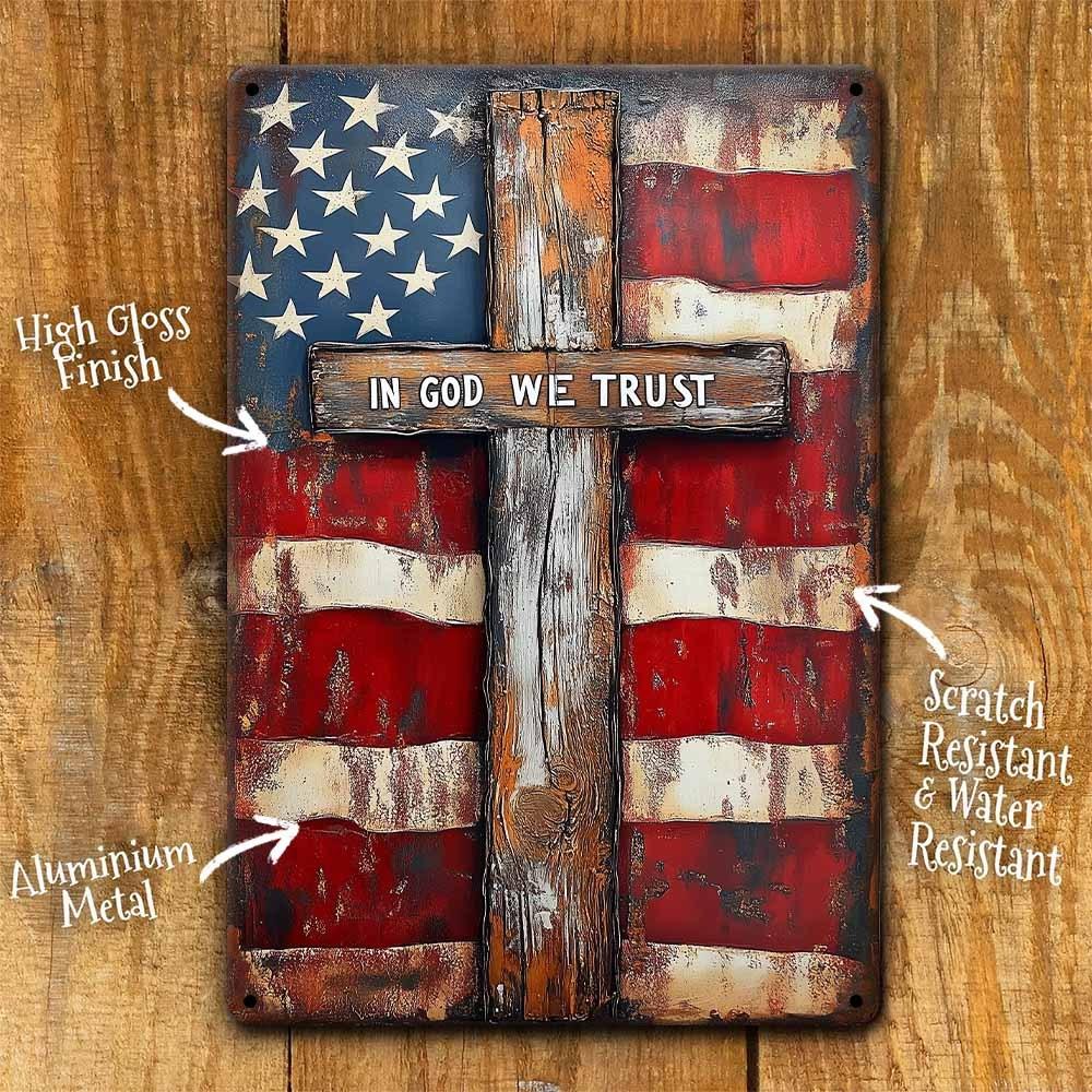 In God We Trust" Patriotic American Flag & Cross Aluminum Sign - 8x12in | Vintage Christian Wall Decor for Home, Church, Garage