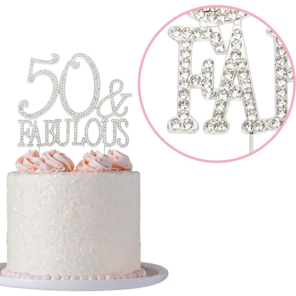 50 Cake Topper Premium Silver Metal 50 and Fabulous  50th Birthday Party Sparkly Rhinestone Decoration Makes a Great Centerpiece