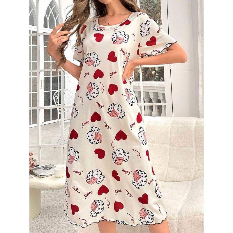 Velká velikost, Kulatý výstřih, Krátký rukáv, Modrý květ meruňky, Domácí oblečení, Noční košile, Šaty, Ležérní, Dámské oblečení s potiskem