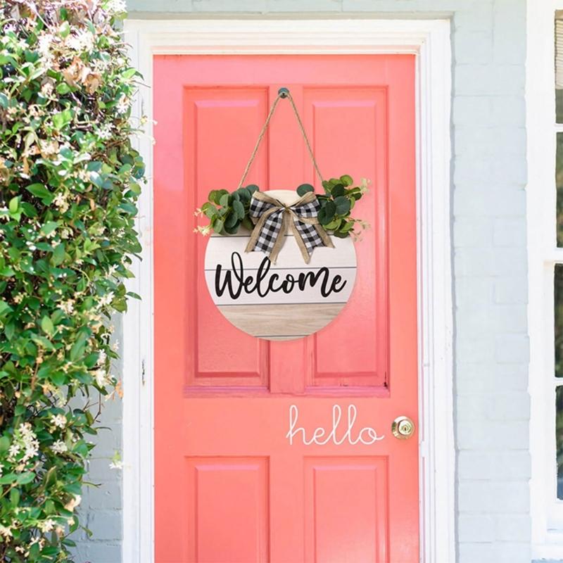 Welcome Front Door Round Wood Sign Hanging Eucalyptu Farmhouse Porch Spring Gift for Decorations