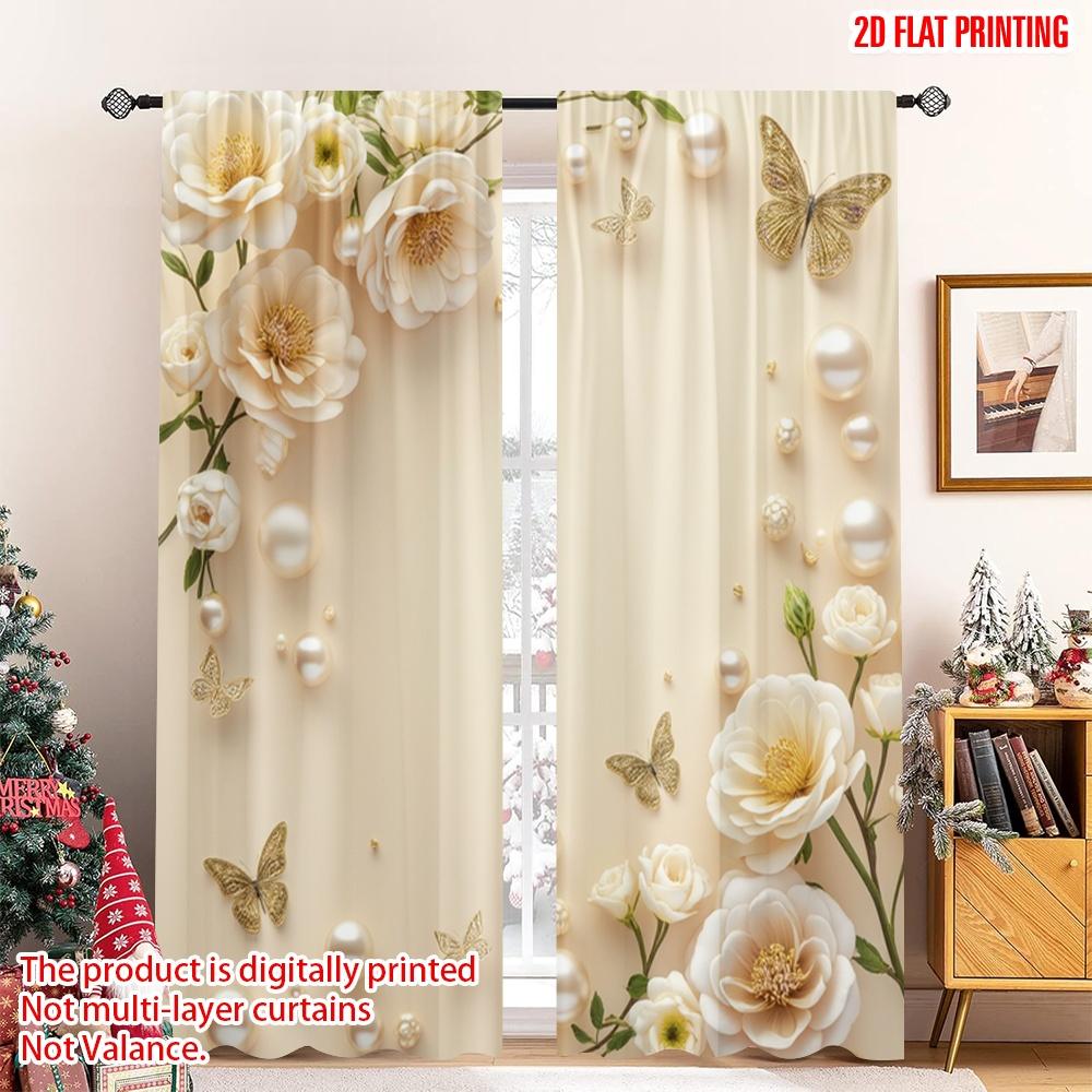 

Набор из 2 плоских декоративных штор с принтом Золотые Бабочки Жемчужные Розы Цифровой Печатный Полиэстер Шторы Праздничные Украшения Изготовленная Штора W100*H70(CM)-Grommet top&1PCS