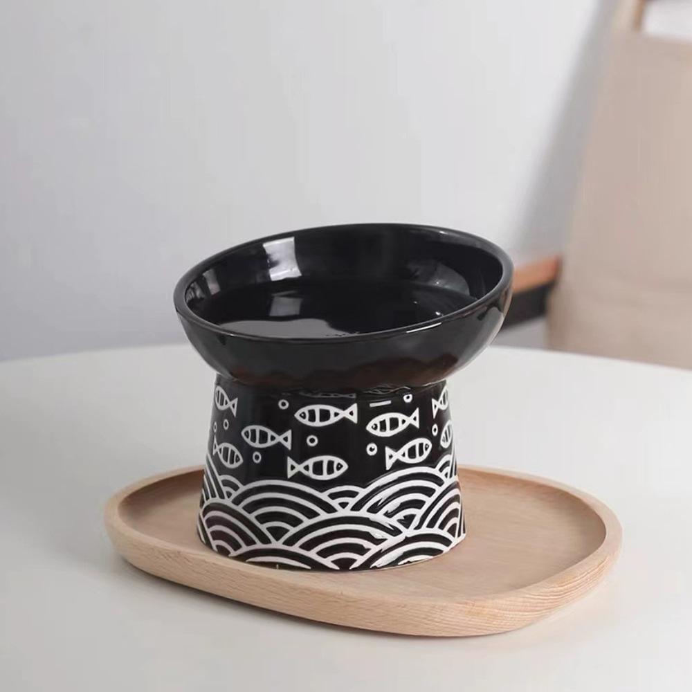

Oblique high-footed cat bowl pet anti-knock cat food bowl neck protection cat food basin ceramic чорний
