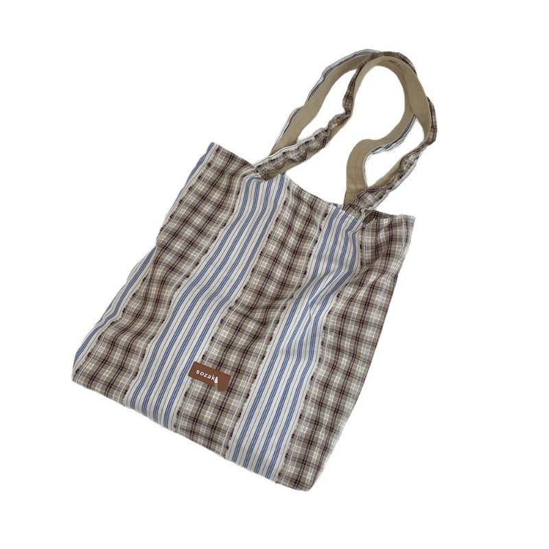 Vintage Plaid Patchwork Girls Shoulder Bags Large Capacity Commuter Women's Tote Shopping Bag Casual Portable Female Handbags