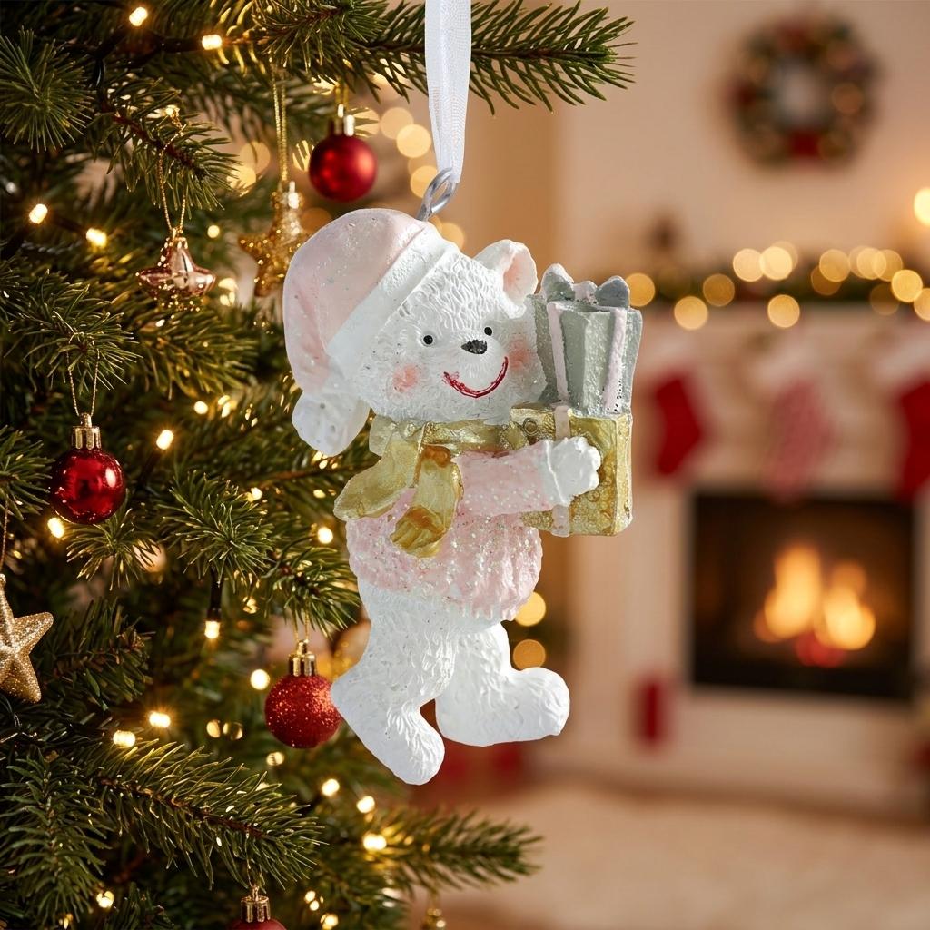 Cute White Bear Ornament Christmas Tree Pendant for Family Home Office Festive Resin Holiday Hanging Decoration NavidadGift
