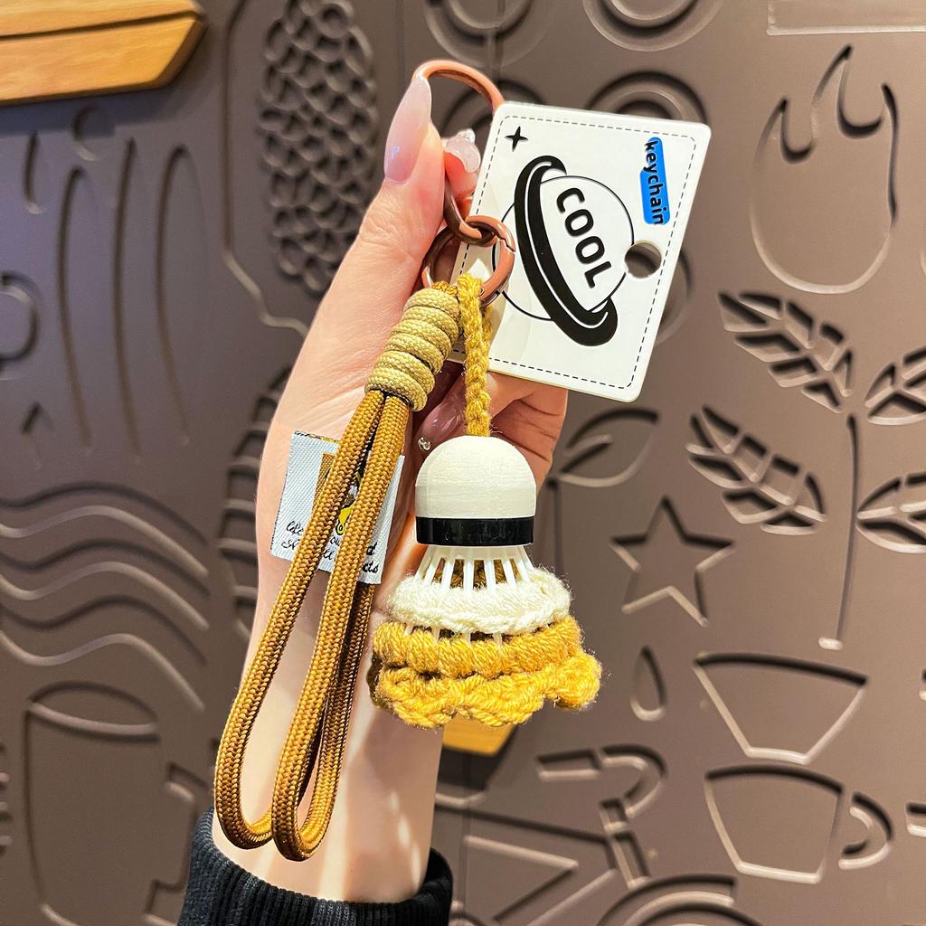 Cute Crochet Badminton Keychain, Handmade Shuttlecock Bag Charm with Braided Rope Clip