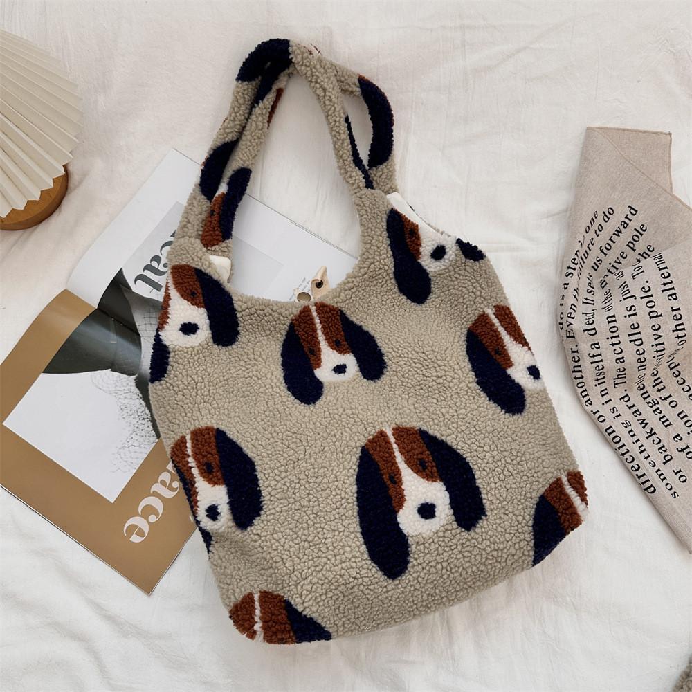 Fashionable Plush Dog Print Shoulder Tote Bag Soft Large Capacity For Everyday Use