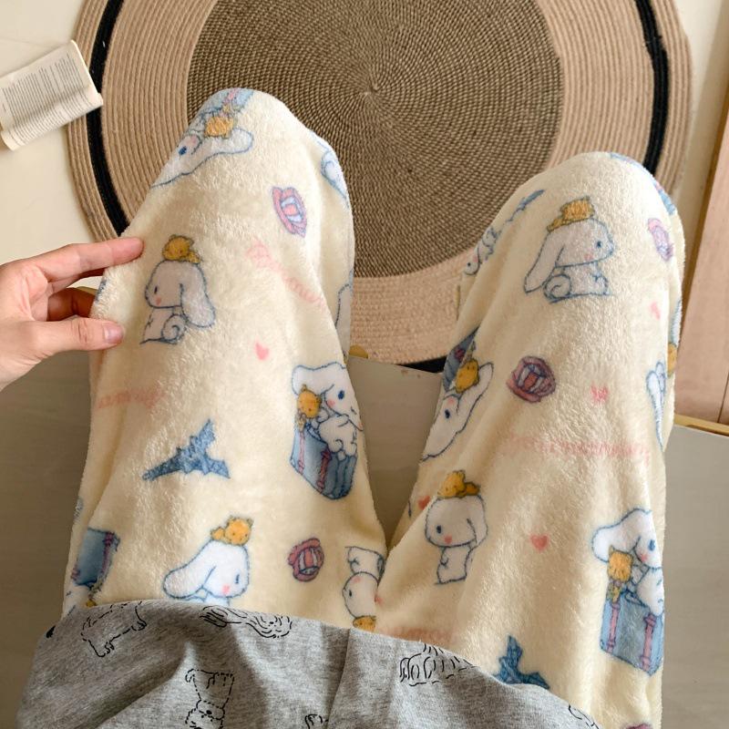 Korean Style Women's Cartoon Flannel Sleep Pants - Wearable Outdoors for Autumn and Winter 2025