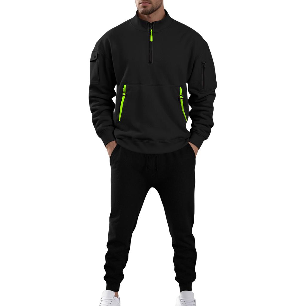 Men's Solid Color Casual Suit Loose Sports Stand Collar Sweatshirt With Pockets Multi Pocket Overalls Suit