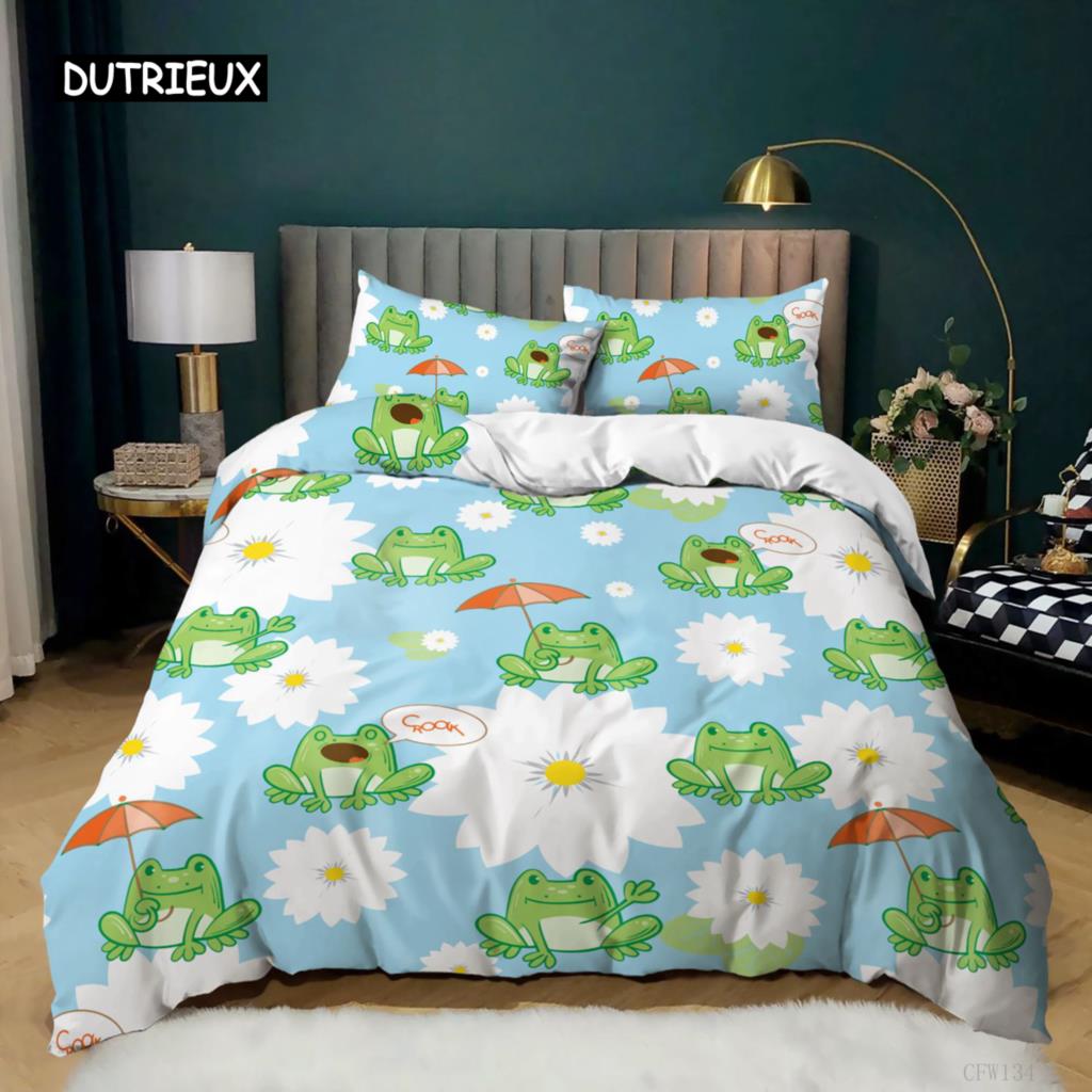 Cartoon Frog Duvet Cover Set Light Green Cartoon Frogs Cute Dragonfly Animal Bedding Set for Kid Twin Size Polyester Quilt Cover