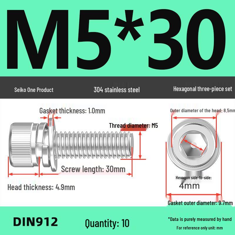 304 Stainless Steel Hex Socket Cap Screw with Washer - Sizes M3, M4, M5, M6, M8, M12