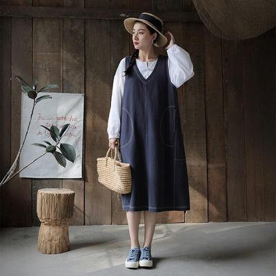 Women Vintage Dresses V-Neck Sleeveless Solid Color Patchwork Pockets Cloths Spring Casual Dress