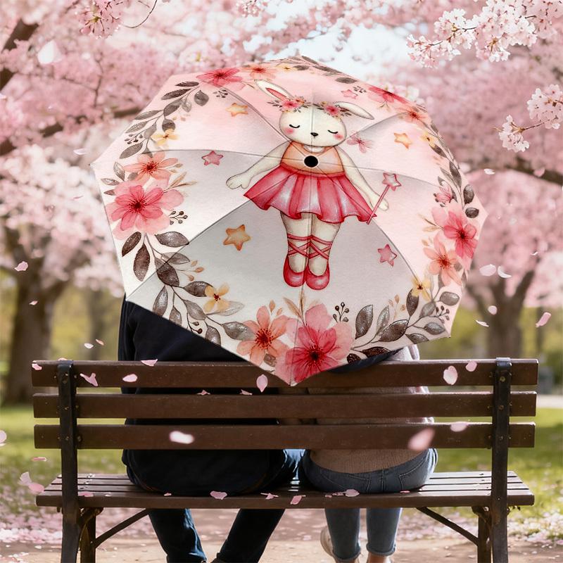 1pc rabbit ballerina Automatic Folding Umbrella, Heavy Duty 8 Rib Iron Frame,  Suitable for Travel, Daily Use, Birthday, Decor Gift m0104033
