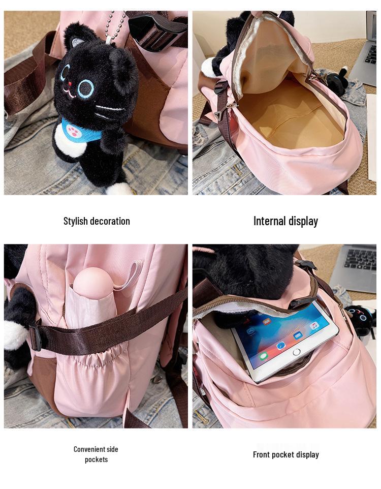 Cute Kitten Color-Block Cartoon Plush Schoolbag - Large Capacity Backpack for Female College Students