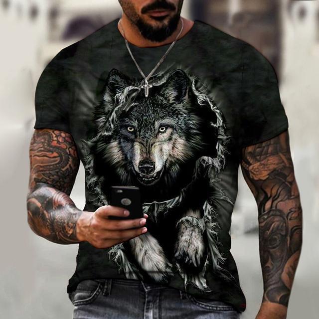 Summer New Wolf Pattern Digital Printed Short Sleeved Men's T-shirt Round Neck Slim Fit Couple Base Shirt