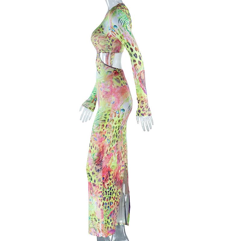 European and American Style Round Neck Tight Long Dress with Printed Long Sleeves and Hip Hugging Skirt