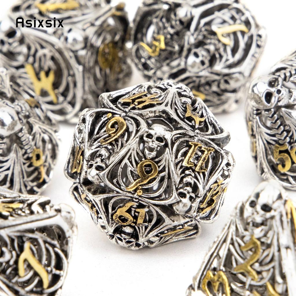 7 Pcs Silver Golden Skull Metal Dice Hollow Metal Polyhedral Dice Set Suitable for Role-Playing RPG  Board Game Card Game