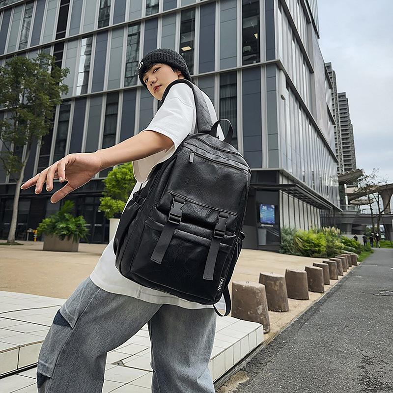 Schoolbag New Casual Backpack Men's Business Computer Bag PU Leather Large Capacity School Bag High School Student Backpack