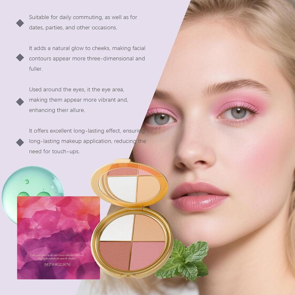 Eyeshadow and Highlighter Makeup, Face Highlighter Palette for Women, Highlighting Eye & Cheek Palette, 4-In-1Makeup Palettes Kit