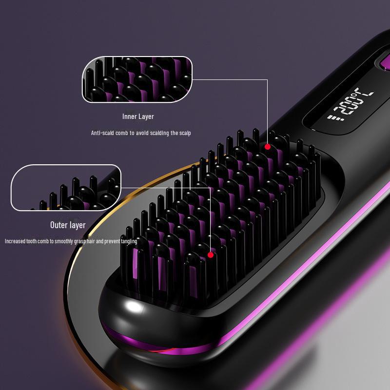 Pente alisador de cabelo portátil sem fio - Anti-queimaduras, visor LCD, modelagem duradoura, suave para os cabelos, ideal para franjas com fivela interna