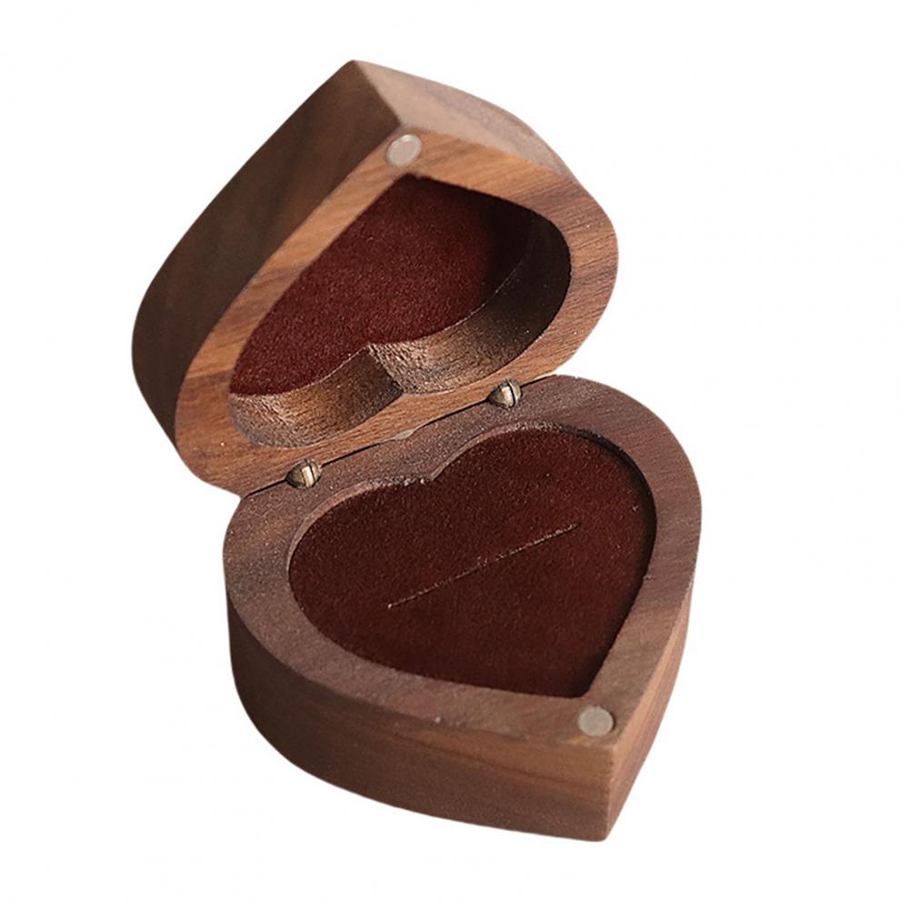 Ring Storage Box Heart-shaped Walnut Wood Jewelry Box Velvet-padded Ring Storage Case Smooth Polished Surface Wedding Proposal