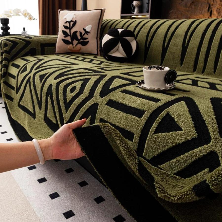 

1pc Bohemian Jacquard Warm Tuffed Fleece Sofa Towel, Boho Style Soft Leiusre Thick Blanket for Living Room Couch Sofa Cover 180x90cm оливковий колір