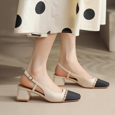 Xiaoxiangfeng Temperament~ Chain Color Matching Medium Heel Sandals Women's Summer Bag Head Thick Heel Empty Mary Jane Shoes