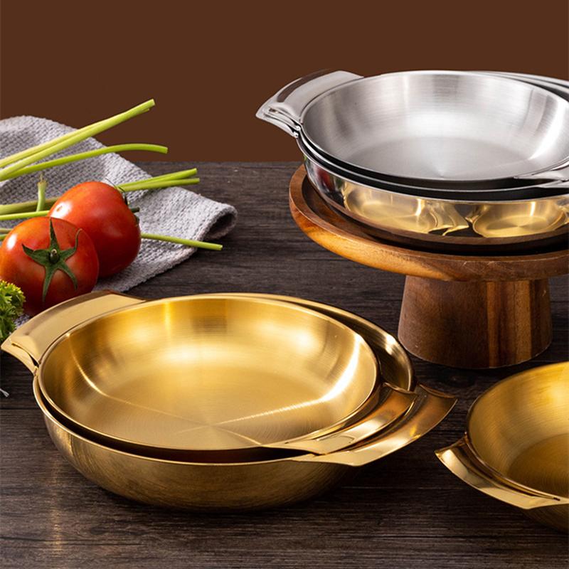 Stainless Steel Gold Binaural Tray Cookware Seafood Pot Korean Fried Chicken Dish Picnic Snack Plates Paella Pan for Kitchen