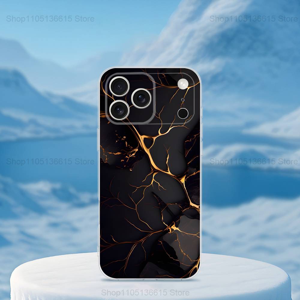 Marble Art Black Gold Phone Case For iPhone 16,15,14,13,12,11,17 Pro,Max,Plus,X,XS,XR,SE,Mini Transparent Soft Cover