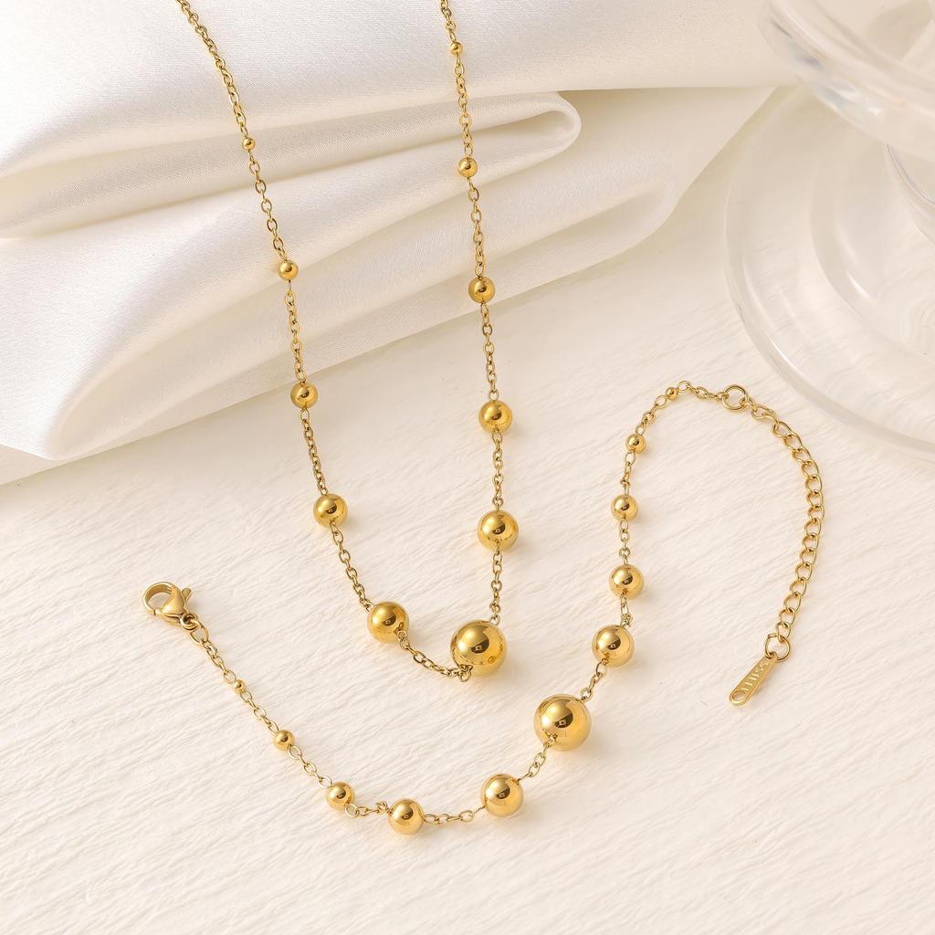 18K Gold-Plated Stainless Steel Bead Bracelet & Necklace Set for Women - Non-Fading, Versatile Fashion Jewelry
